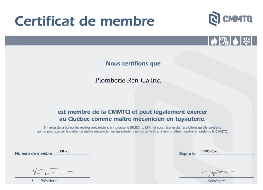 Certifications , Plomberie REN-GA