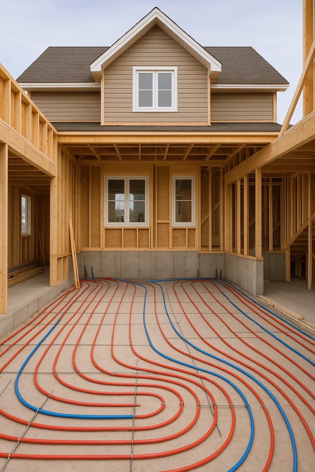 Nouvelle construction — Tubes PEX du plancher radiant installation chaudière eau chaude, Plomberie REN-GA