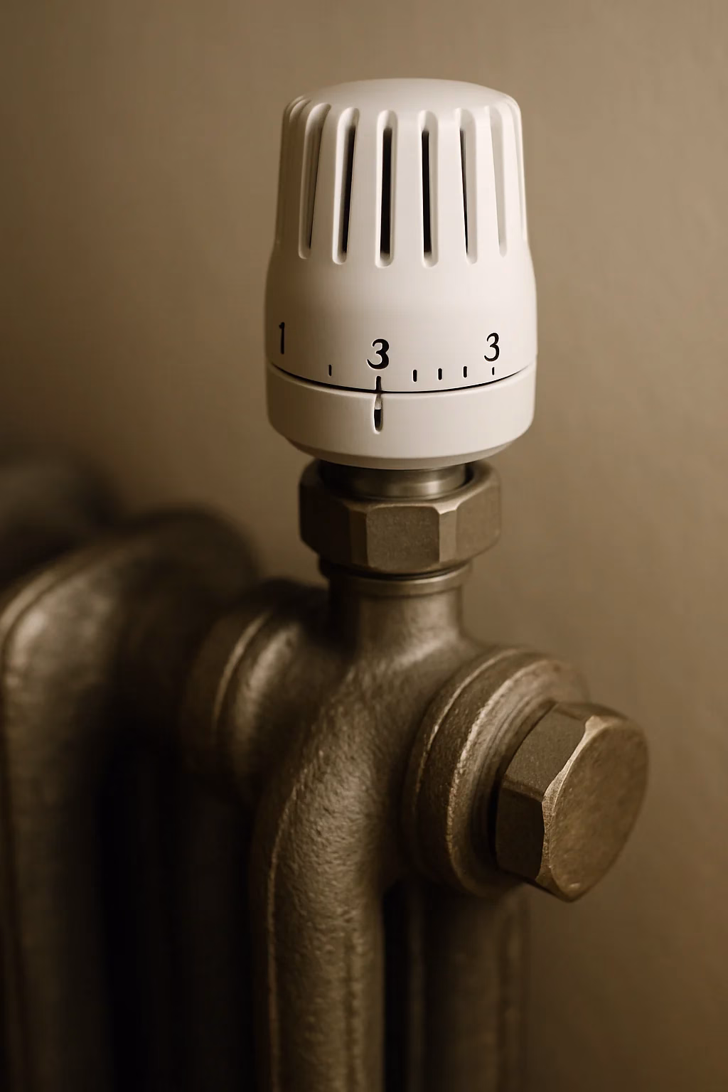 Valve thermostatique — Gros plan sur radiateur en fonte optimisation chauffage à eau chaude, Plomberie REN-GA